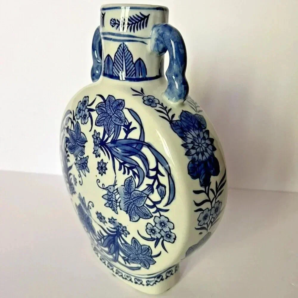 NEW Blue & White Floral Round Ceramic Bud Vase Jar with Handles 11